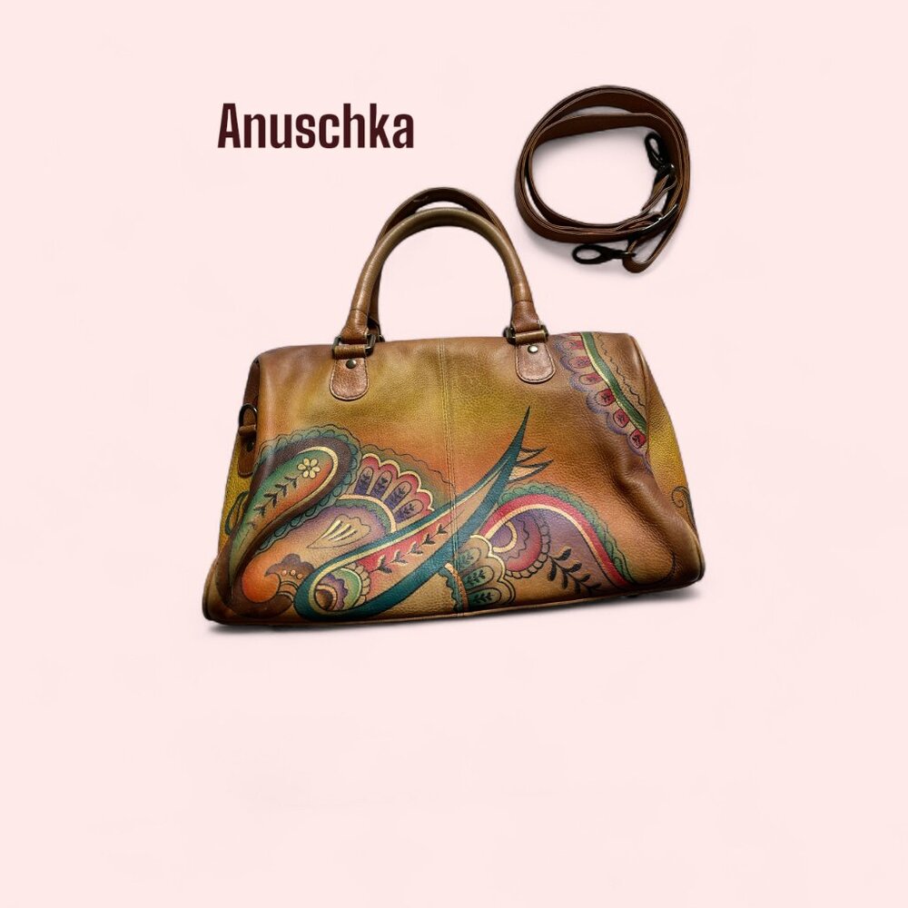 Anuschka Hand Painted Genuine Leather Saddle Bag Brown Paisley Crossbody EUC